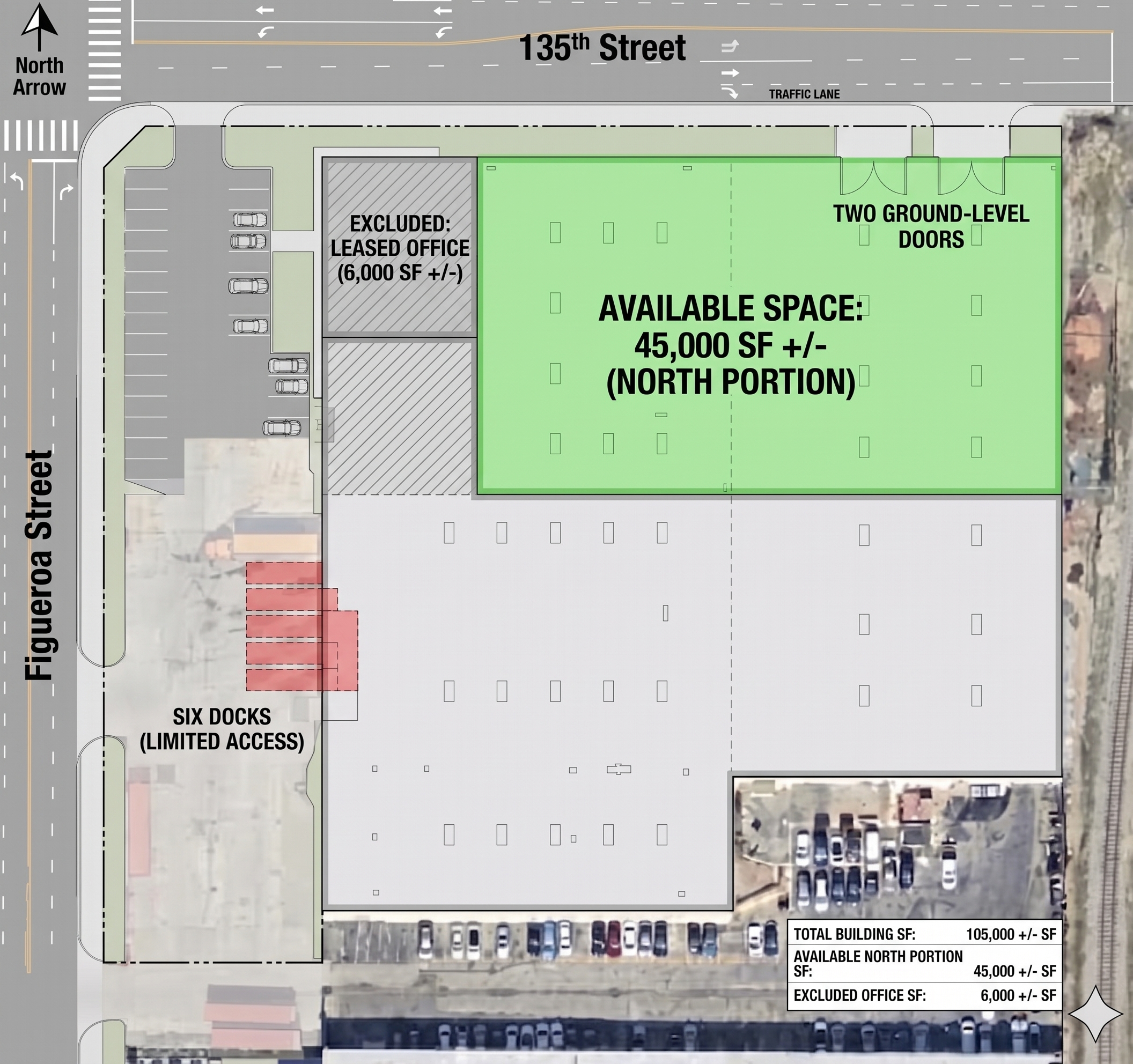 Site plan of 13500 S. Figueroa Street showing the 45,000 square foot available north portion