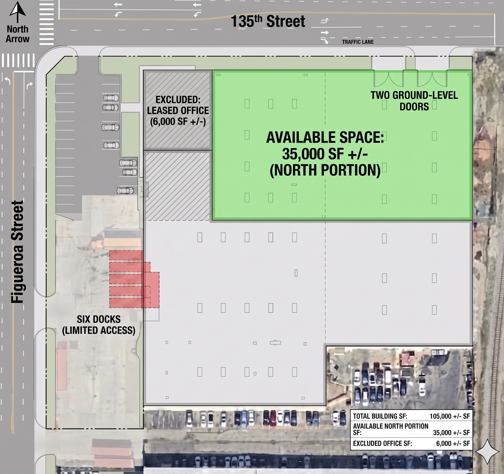 Site plan of 13500 S. Figueroa Street showing the 35,000 square foot available north portion